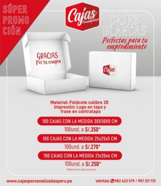 ¡Aprovecha nuestros precios de promoción en cajas foldcote! 🎉📣

📍Por el mes patrio queremos ofrecerles estos precios de oferta a los emprendedores que están en busca de mejorar su empaque.

✔️Características de las cajas: 
- Material: Foldcote calibre 20
-Impresión: Logo en tapa y frase en contratapa 

✔️Medidas: 
- 100 cajas de 30x30x8cm : S/. 350* 
- 100 cajas de 25x25x5cm : S/. 270* 
- 100 cajas de 21x20x6 cm: S/. 250* 

*Precios no incluyen IGV. 

⚠️Hasta agotar stock

Contacto: 
📞982 423 579 - 957 211 731
🖥️ www.cajaspersonalizadasperu.pe

#descuentos #cajaspromoción #cajas #cajaspersonalizadas #cajaslima #cajasperu #cajasblancas  #cajasdecarton  #empaqueslima #packaging  #cajasfoldcote #foldcote #cajaspersonalizadasperu #box #cajasdepresentación #cajasconserigrafia #cajaspremium #emprendimiento #cajasunboxing #unboxing #cajasdeenvio