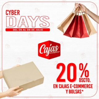 ¡APROVECHA EL CYBER DAYS!📣🛍📦

⚠️20% de descuento en cajas e-commerce y bolsas*

✅Encuentra los mejores empaques con un super descuento en el #cyberdays que tenemos para ti

¡No te pierdas los 4 días de descuentos!📣🔝🎉

*Válido en cajas e-commerce y bolsas ecológicas con  medidas en stock a partir de 100 unidades. No incluye impresiones. 

ℹ Escríbenos para más detalles. 

#cyberdays #descuentos #peru #lima #empaques #cajetero #cajas #cajaspersonalizadas #cajaslima #cajasperu #cajaspremium #cyberwow #cajasdecarton #bolsas #bolsasecologicas #packaging #carton #presentación